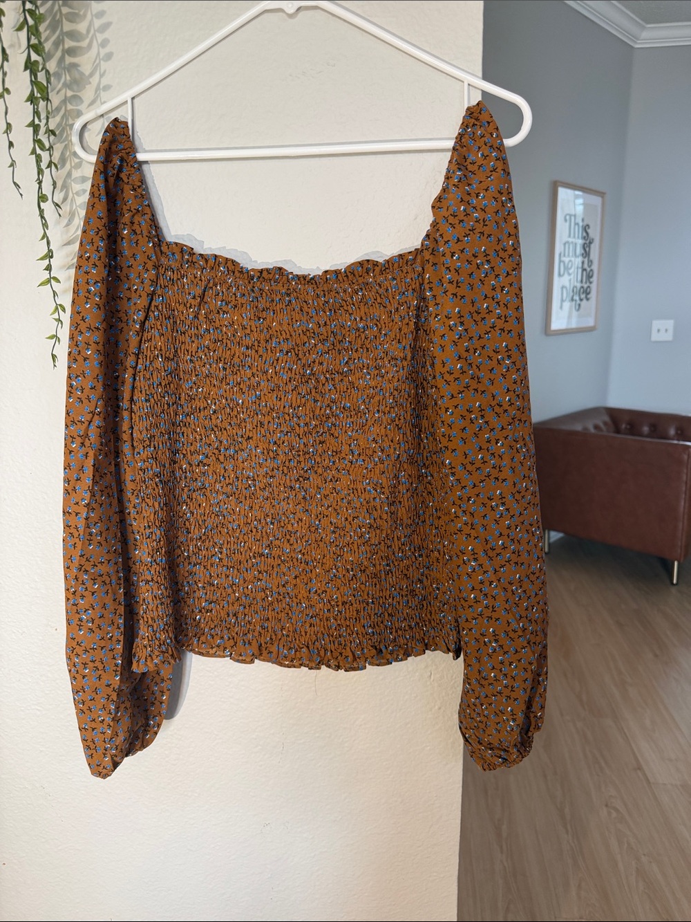 Women's Smocked Square-Neck Long Sleeve Top - Rust Floral